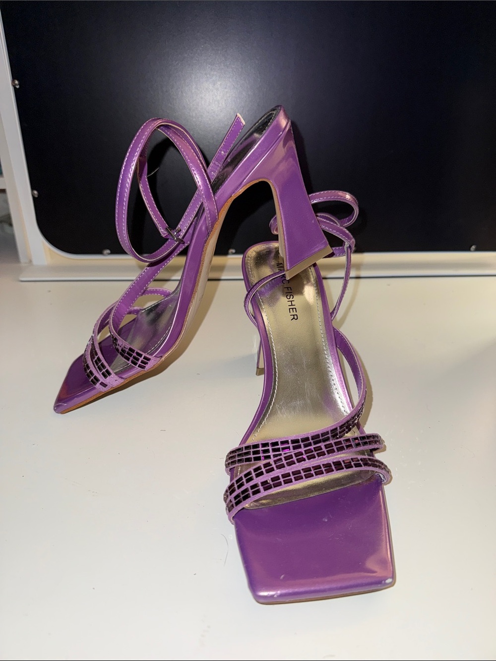 Marc Fisher Patent Purple Strappy Square-Toe Heels